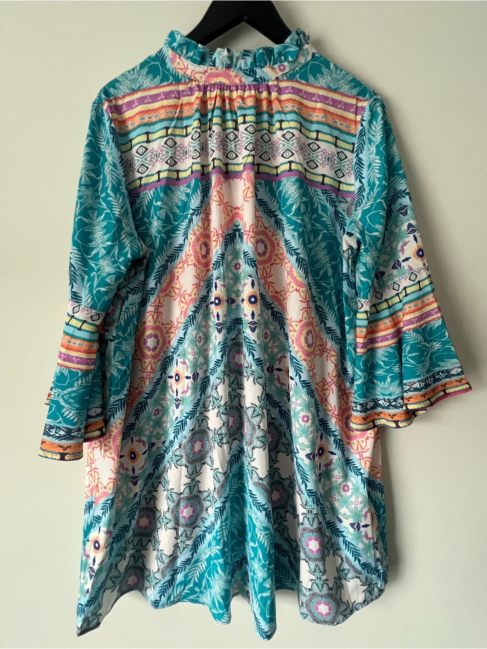 Umgee Teal & Multi-Color Floral Ruffle Tie-Neck Mini Dress - Picture 7 of 11